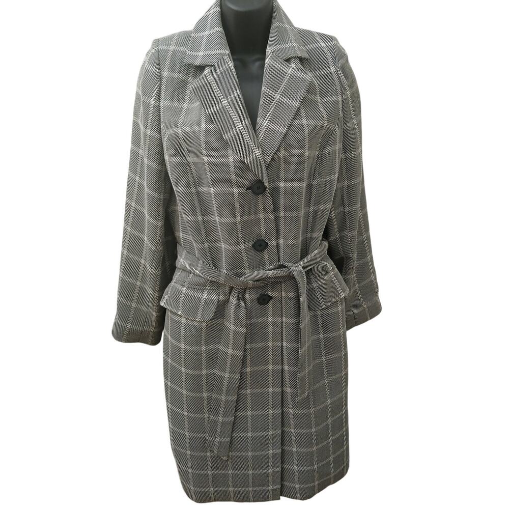 Kasper Black&White Plaid Lined Buttoned Down Tie Belted Trench Coat sz 12